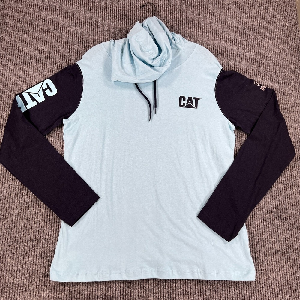 Caterpillar CAT Shirt Womens Large Blue Long Sleeve UPF Hooded Lightweight New